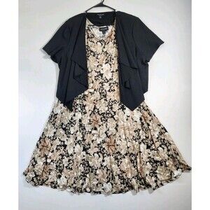 Perceptions Womens 2X Slip Dress w/ Shrug/Cardigan Beige Black Floral Knee Lgth